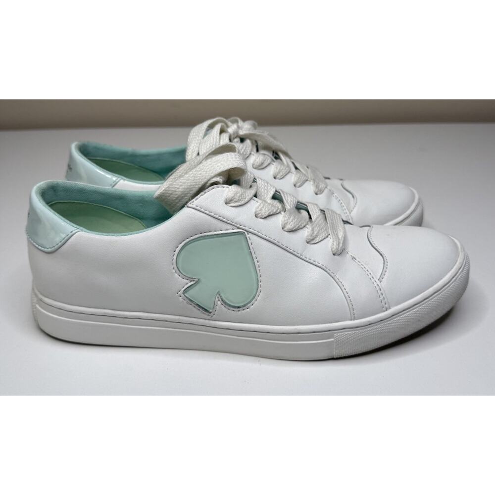 Kate Spade New York Fez Gloss Sneakers Womens 11B White Leather Turquoise Logo